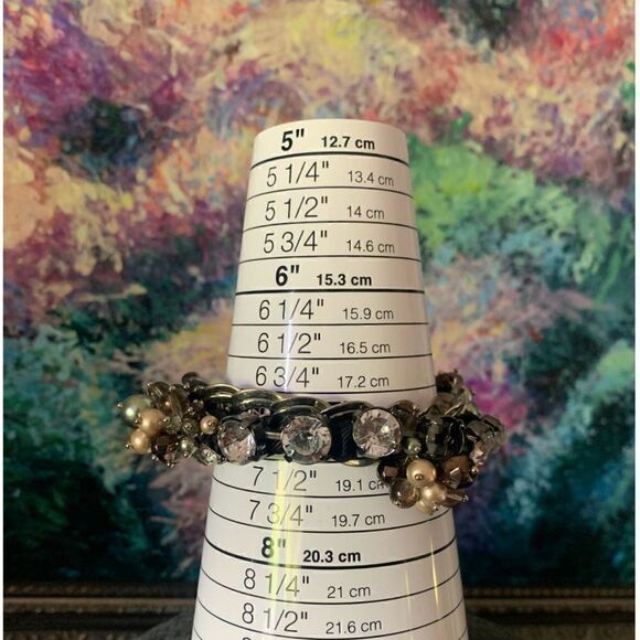 Silver tone Linked Bracelet w/Faux Pearl Clusters, Clear Rhinestones, Unmarked - Picture 4 of 4